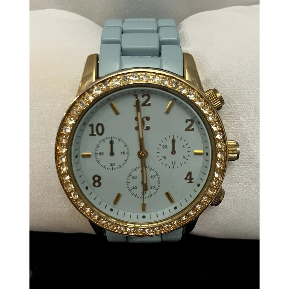 Charming Charlie Mint Aqua Blue Crystal Rhinestone Gold Tone Acrylic Band Watch